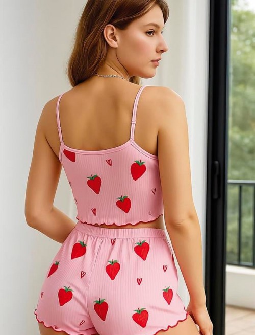 Arias Closet Pamuklu Pembe Üstüne Çilek Desen Fitilli Askılı Şortlu Pijama Takımı