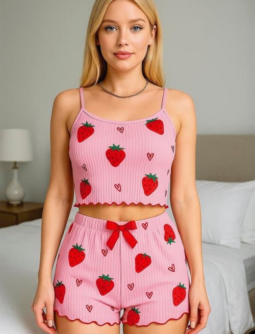 Arias Closet Pamuklu Pembe Üstüne Çilek Desen Fitilli Askılı Şortlu Pijama Takımı