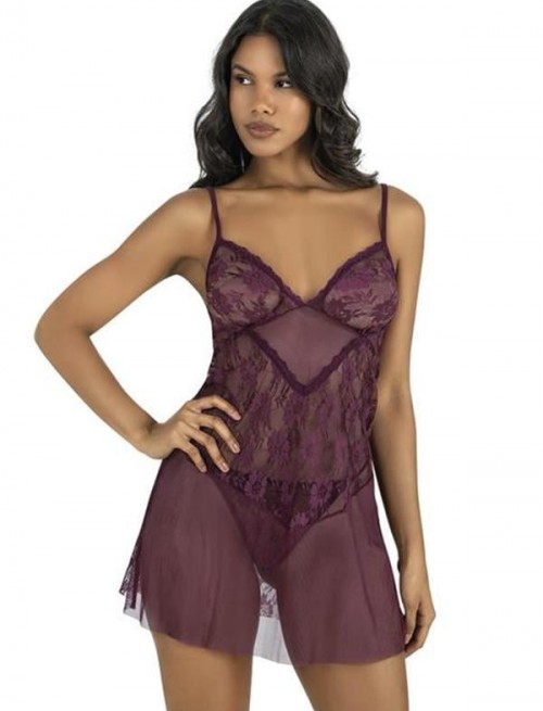 Arias Closet Dantel İşlemeli Mürdüm Kısa Tül Gecelik